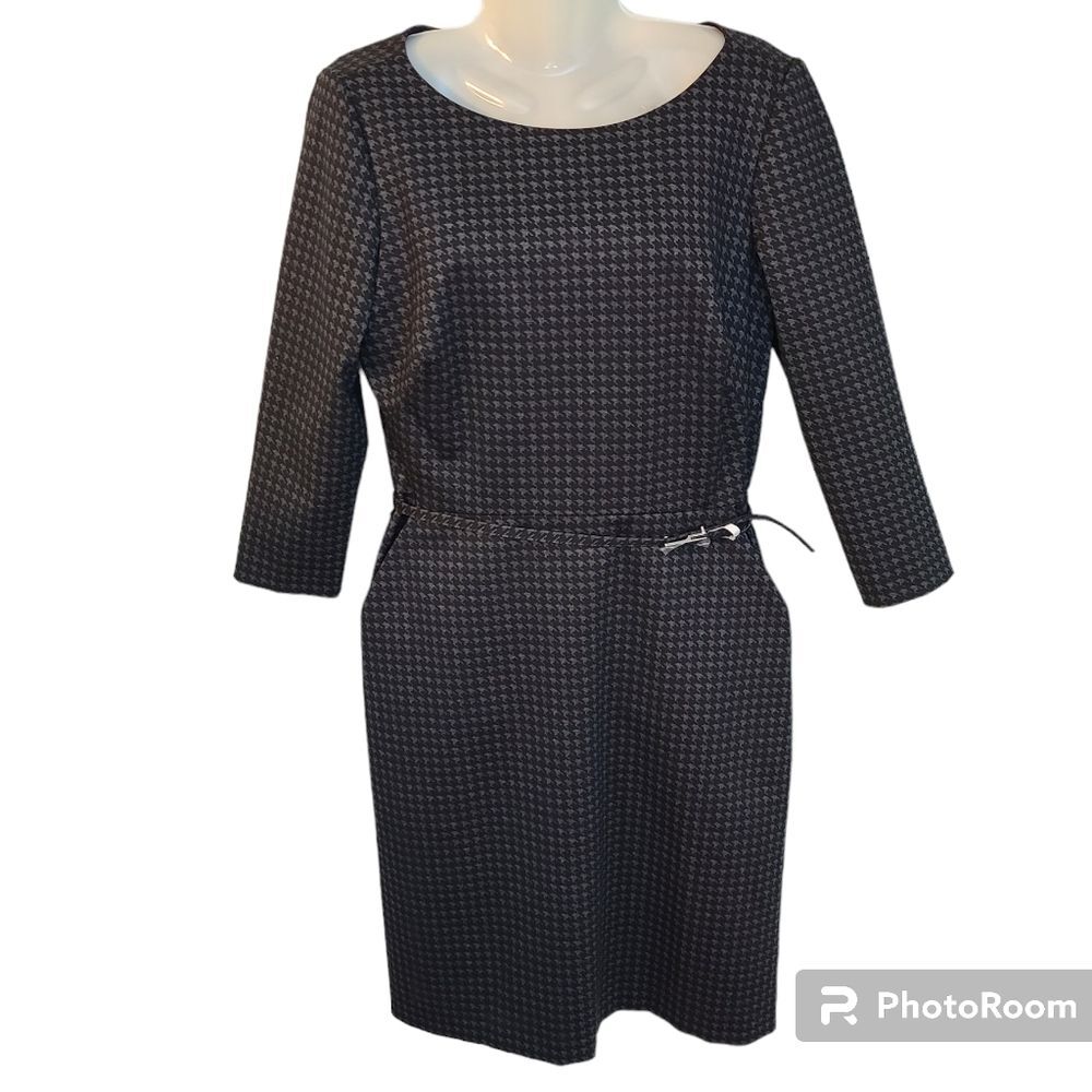 Lauren Ralph Lauren Belted Houndstooth Midi Sheath Dress Grey Womens 8 NWT